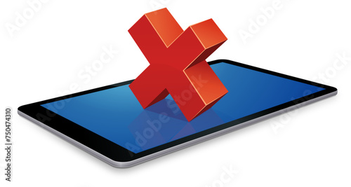 Mobile terminal with 3d red cross symbol of refusal placed on it (isolated)