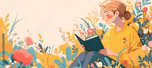 grungy texture illustration, pretty woman relaxing reading book in spring flower blossoming garden, spring and summer reading vibe theme, Ai Generated