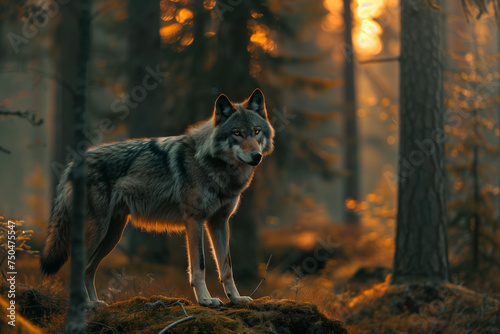 Wolf in the dark forest. Wolf in the forest at night