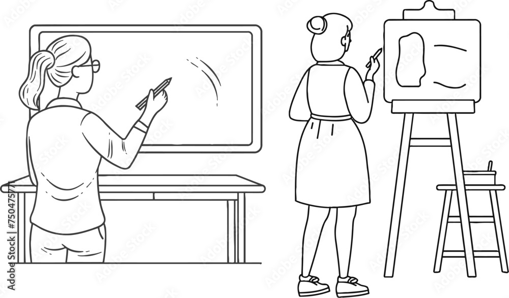 A teacher explains a lesson on a classroom board. World teacher day one-line drawing A teacher explains a lesson on a classroom board. World teacher day one-line drawing