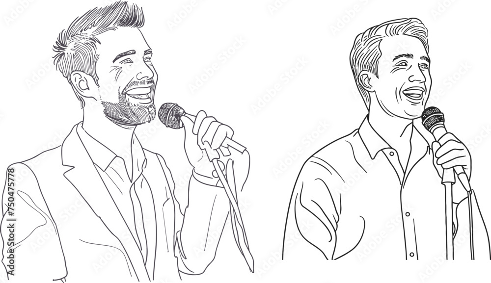 male event presenter smiling speaking into microphone in hand program of event - one line drawing vector male event presenter smiling speaking into microphone in hand program of event - one line drawing vector