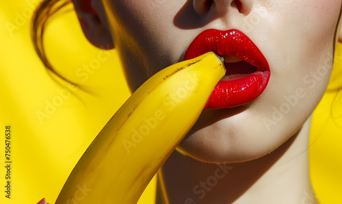 Model woman with red lips makeup taking a bite from yellow banana with copy space for text placement