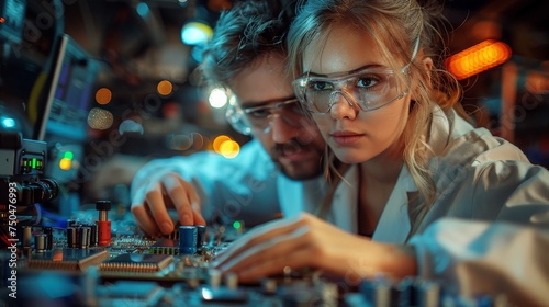 As Computer Engineers lean on a desk and select Printed Circuit Boards for work, a computer shows programming in progress. A technologically advanced scientific research center stands in the