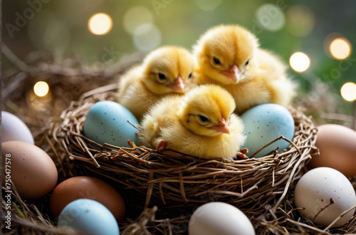 easter chicken and eggs in nest