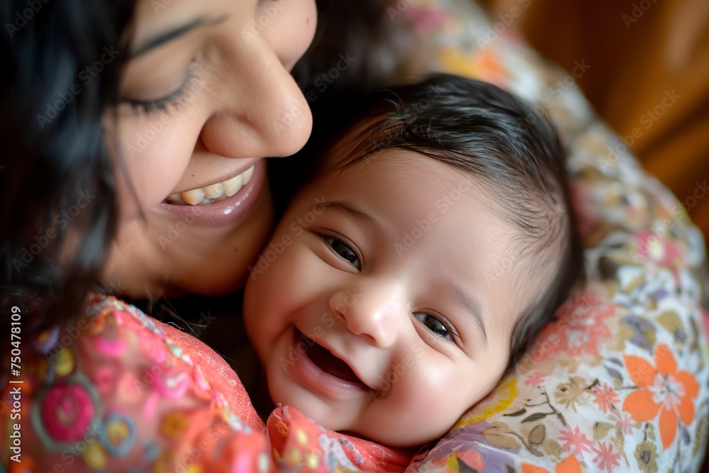 A woman cradling a joyful baby in her arms. A woman cradling a joyful baby in her arms.
