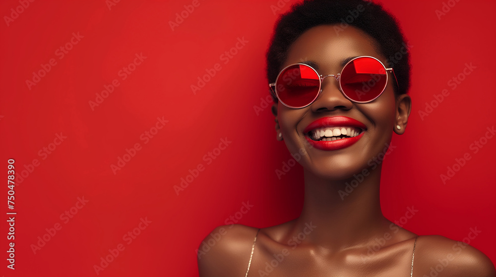 Close-up of a glamorous female model with artistic makeup wearing funky sunglasses.