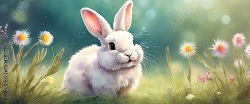 A white rabbit is sitting in a field of flowers © Екатерина Переславце