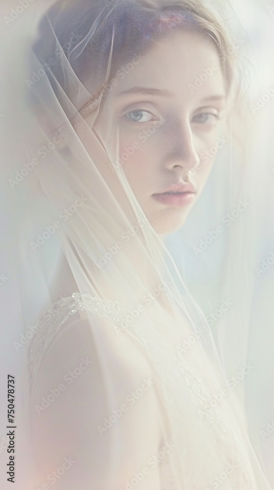 Ethereal Young Woman Emerging From Mist With Wide Eyes and Veil in Soft Light. Generative AI Ethereal Young Woman Emerging From Mist With Wide Eyes and Veil in Soft Light. Generative AI