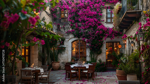 A traditional Mediterranean villa, with bougainvillea-covered walls as the background, during a romantic sunset dinner