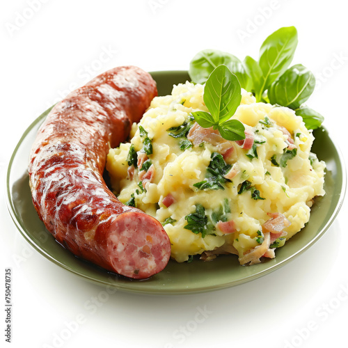 Mashed potatoes, herbs and juicy sausage on a green plate, decorated with fresh basil. Design for culinary recipes and articles about food culture.