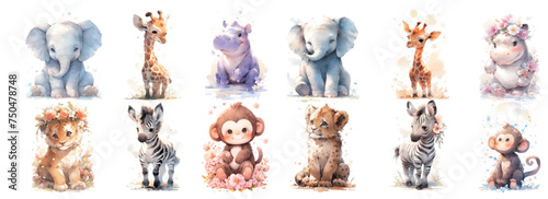 Adorable Watercolor Collection of Baby Animals Surrounded by Floral Elements, Perfect for Nursery Decor or Children’s