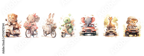 Adorable Watercolor Animals on Vehicles: Elephants, Bunnies, and More Embark on Journeys in Various Modes of Transport, Creating a Whimsical © Zaleman