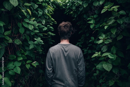 A man stands in the center of a tunnel formed by lush green leaves.