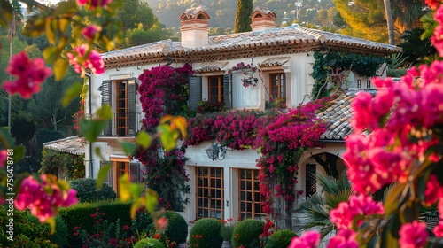 A traditional Mediterranean villa  with bougainvillea-covered walls as the background  during a romantic sunset dinner