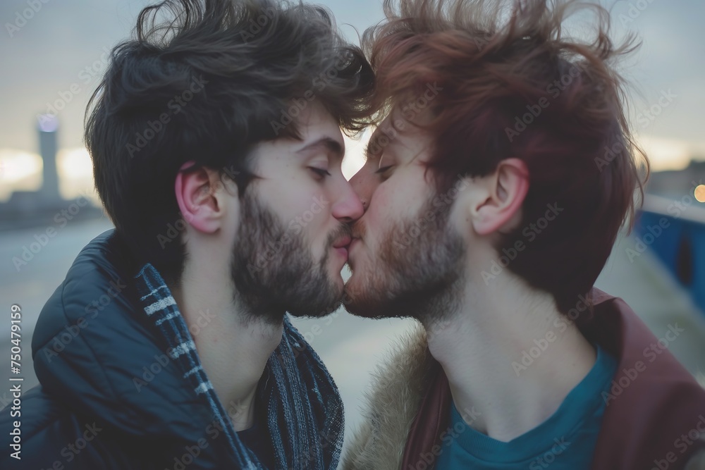 Two men standing side by side outdoors kissing.