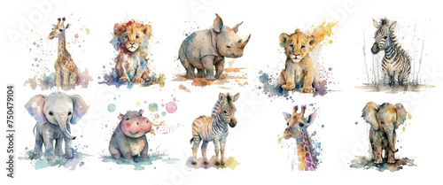 Watercolor Collection of African Wildlife, Artistic Illustration Set Featuring Elephant, Lion, Zebra, Giraffe