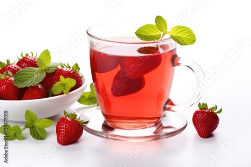 Fruit tea with strawberries on a wooden table