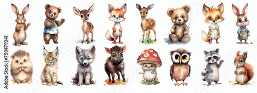 Adorable Collection of Woodland Animals Illustrated in Watercolor, Featuring a Rabbit, Bear, Deer, Fox, Hedgehog