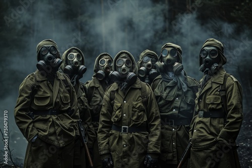 Intense depiction of uniformed soldiers with gas masks in a foggy, forested wartime environment