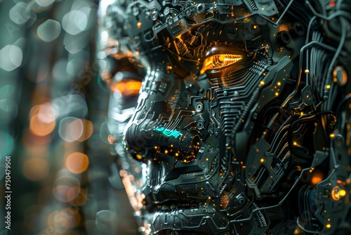 Intricate details of a robotic face with glowing orange eyes, showcasing high-tech and artificial intelligence