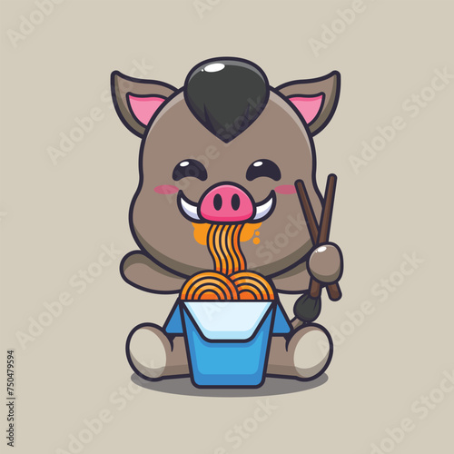 Cute boar eating noodle cartoon vector illustration. 
