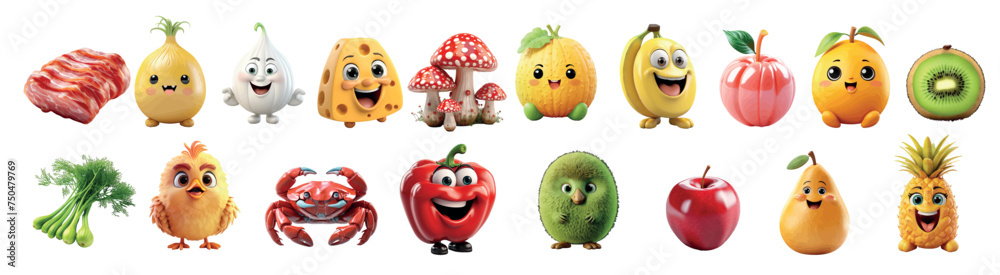 Delightful Collection of Animated Fruits, Vegetables, and Meats with Smiling Faces - Perfect for Nutrition Education - obrazy, fototapety, plakaty 