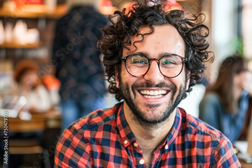 Cheerful man with curly hair and glasses smiles warmly in a plaid shirt with blurred people in the background