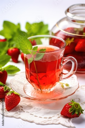 Fruit tea with strawberries on a wooden table