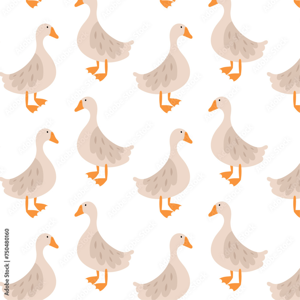 Seamless pattern with goose. Spring background for your design. Cute goose in flat style on a white background. Spring. Easter.