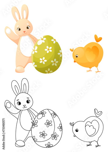 Coloring book, Easter bunny waving for an Easter egg and a cute chicken. Children's coloring book with a color example. Coloring book, practice sheet for children in school or kindergarten.