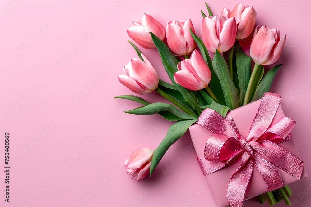 Pink tulips bundled with a satin bow over a pastel pink background, portraying a thoughtful gift Pink tulips bundled with a satin bow over a pastel pink background, portraying a thoughtful gift