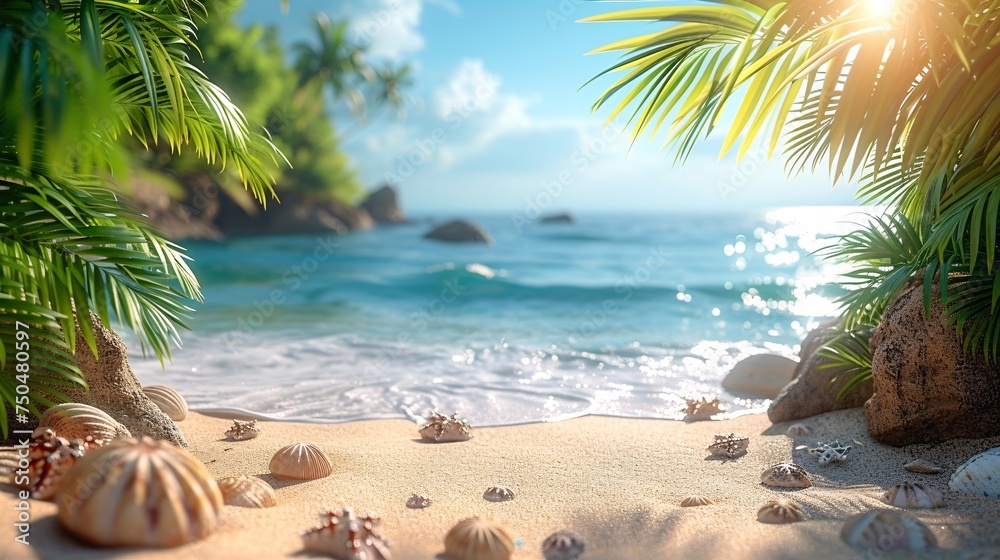 Summer Serenity at a Sandy Beach With Tropical Palms. Generative AI