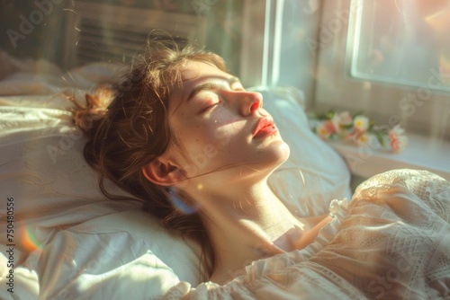 A tranquil scene showing a young woman lying down, basking in the warm glow of the morning sun