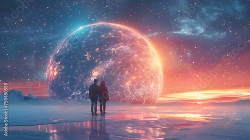 Romantic duo stargazing together in a dome filled with celestial wonder. Concept Romantic Photoshoot, Stargazing, Celestial Dome, Love Story, Romantic Poses