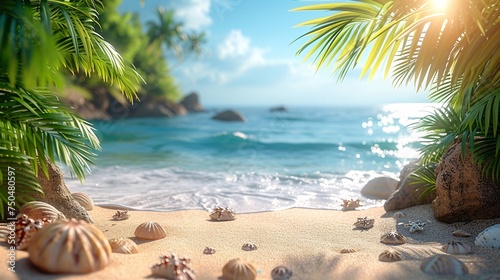 Summer Serenity at a Sandy Beach With Tropical Palms. Generative AI