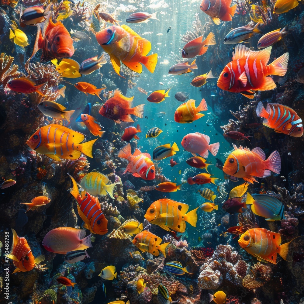 Diverse Marine Fish: Colorful and diverse marine fish swimming in a coral reef, capturing the beauty of underwater life Diverse Marine Fish: Colorful and diverse marine fish swimming in a coral reef, capturing the beauty of underwater life