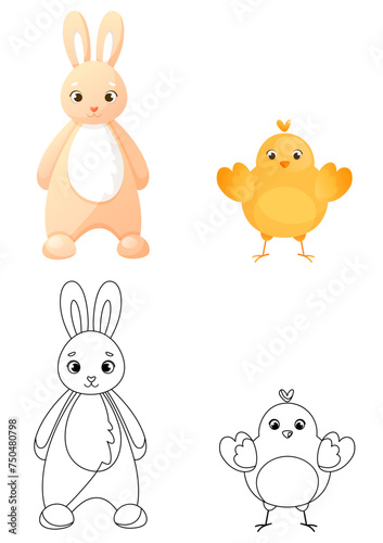 Coloring page with an Easter bunny and a cute chicken standing upright. Children s coloring book with color example. Coloring book  practice sheet for children in school or kindergarten.