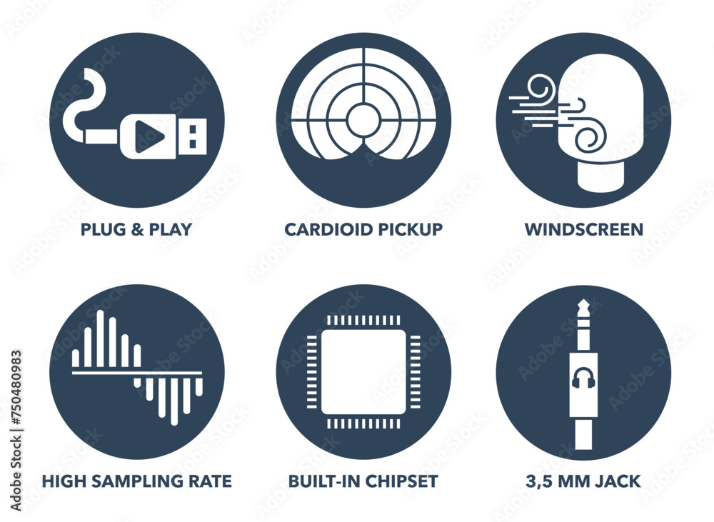 Microphone properties icons set, in circle shape Microphone properties icons set, in circle shape