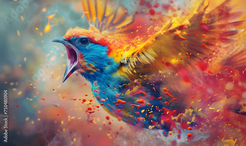 Extreme close-up of colorful parrot flying from splash of paint, creativity concept © katobonsai