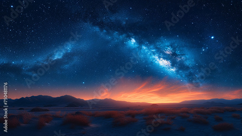 Milky Way and pink light at mountains. Night colorful landscape. Starry sky with hills at summer. Beautiful Universe. Space background with galaxy. Travel background 