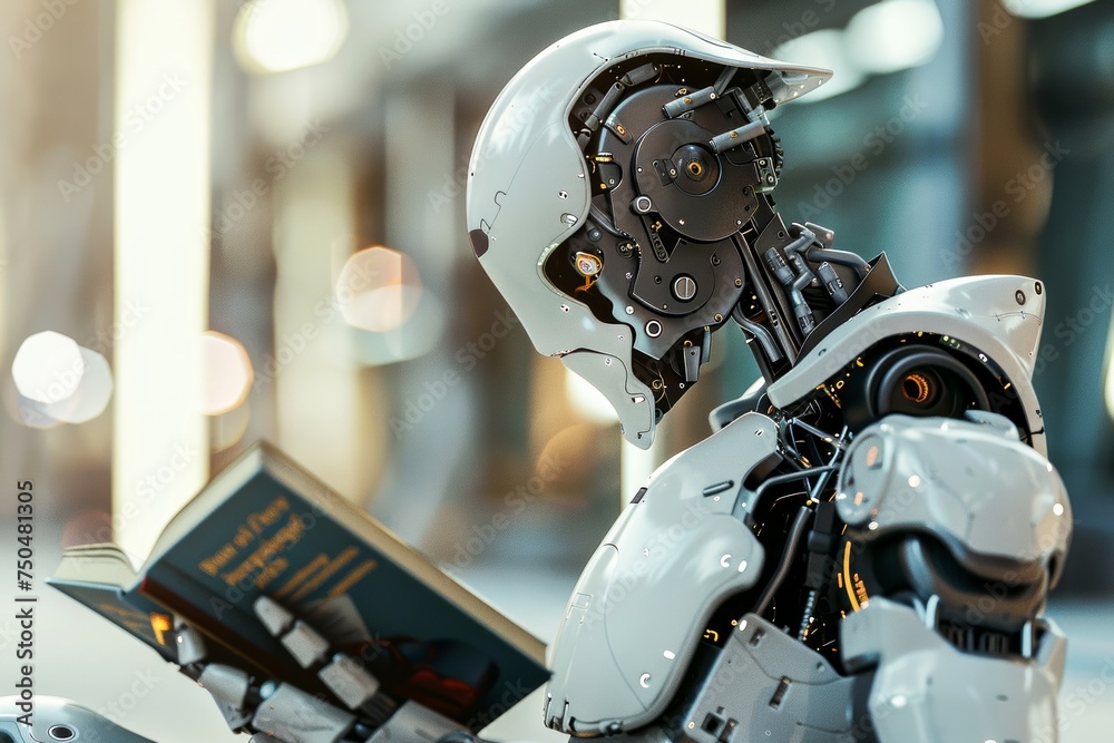 A highly detailed image of a robot engaging with a book, displaying advanced robotics A highly detailed image of a robot engaging with a book, displaying advanced robotics