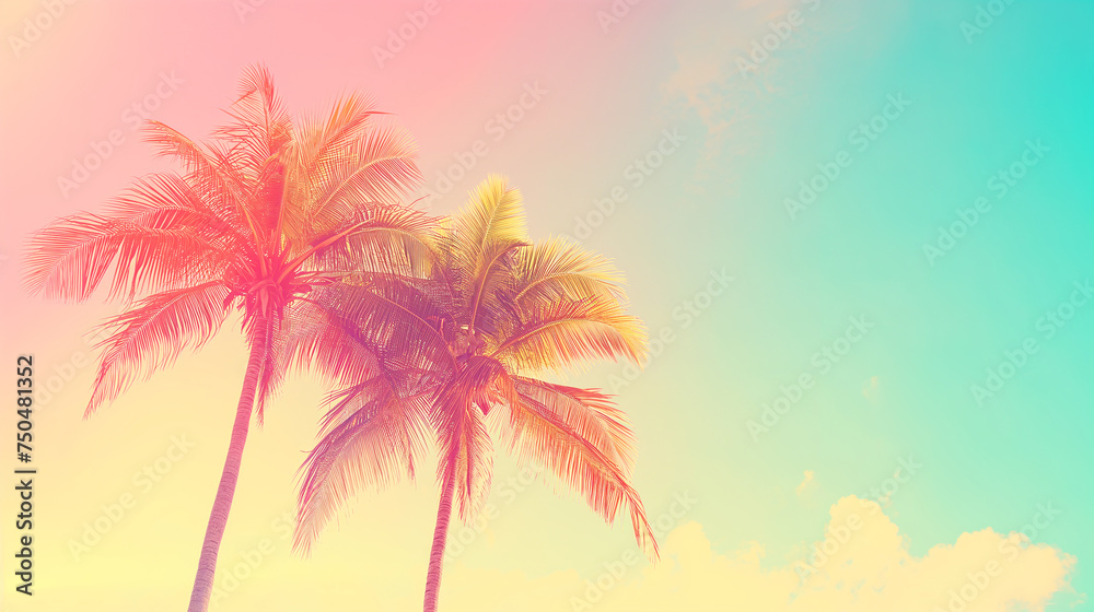 Tropical palm tree cloud abstract background. Summer vacation and nature travel adventure concept. Vintage tone filter effect color style.