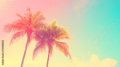 Tropical palm tree cloud abstract background. Summer vacation and nature travel adventure concept. Vintage tone filter effect color style. © ksu_ok