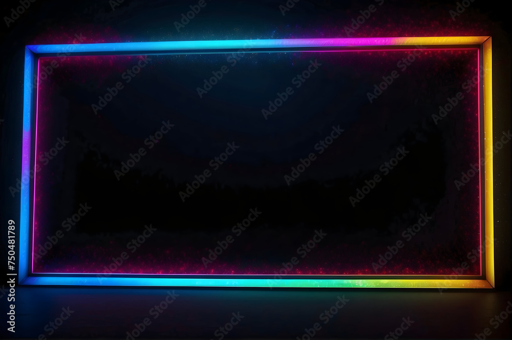 Retro Thin Black Light Neon Frame with Blank Black Background for Copy Space or Images