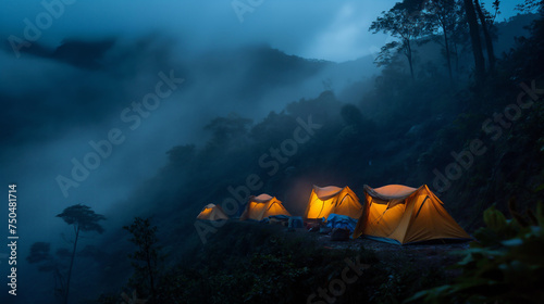 Bird's eye view of tents on the forest and mountain at night
