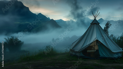Tent on the foggy mountain at sunrise