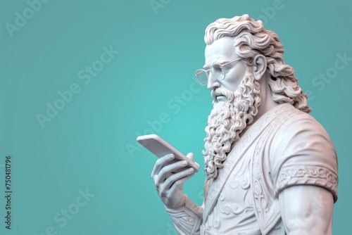 Modern Poseidon Statue Holding Smartphone. Generative AI photo