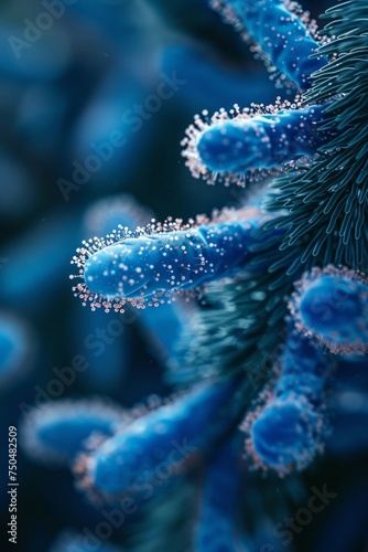 Blue bacteria and microbes, macro photo, selective focus
