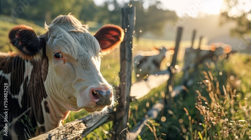 A serene cow looks curiously at the camera standing by a fence in a tranquil countryside setting