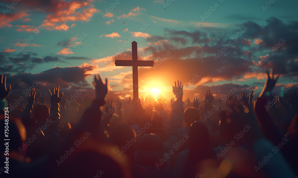 Christianity concept with worshipers raising hands up in front of religious cross - obrazy, fototapety, plakaty 